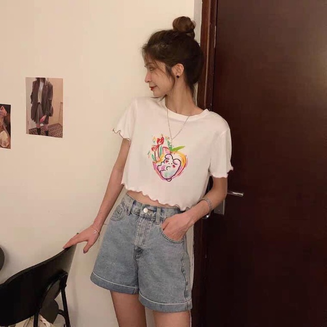 (Ảnh thật) Áo croptop cuốn biên tay ngắn form &lt; 60kg ôm body