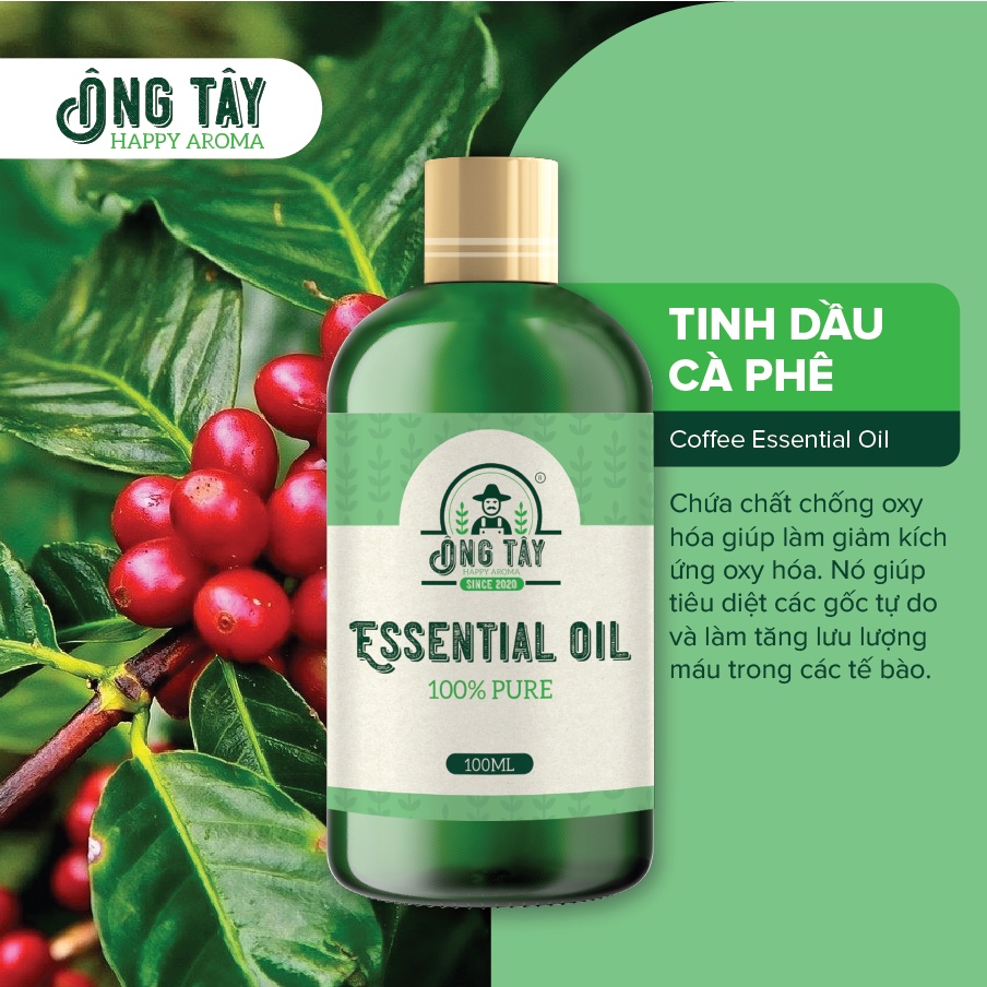 Tinh dầu Cà Phê nguyên chất hữu cơ ÔNG TÂY tận xưởng sản xuất khử mùi làm thơm phòng sát khuẩn thư giãn an toàn cho bé.