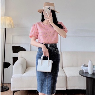 Áo sơ mi nữ cổ tròn tay bồng họa tiết hoa nhí siêu xinh, áo sơ mi hoa