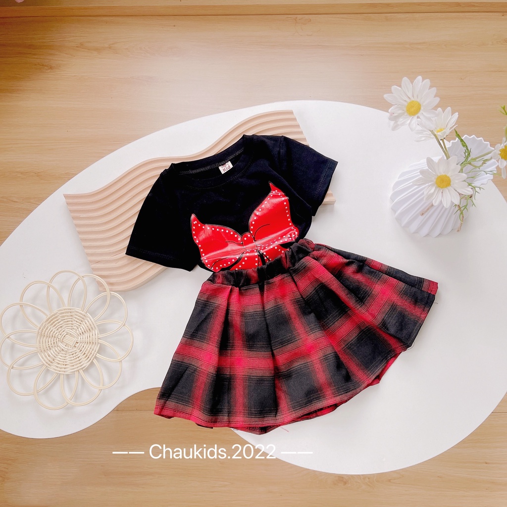 Sét váy xòe xếp ly cho bé gái, set áo cotton nơ đỏ chân váy kẻ thô mềm xếp ly xinh xắn cho bé size 10-32kg