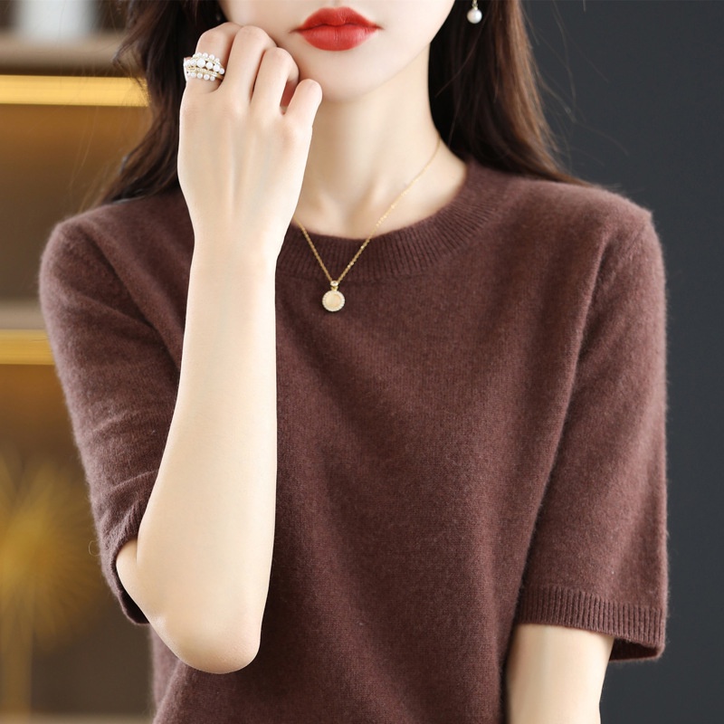 Áo Thun Dệt Kim Tay Ngắn Cổ Tròn Màu Trơn Thời Trang Mùa Hè Cho Nữ