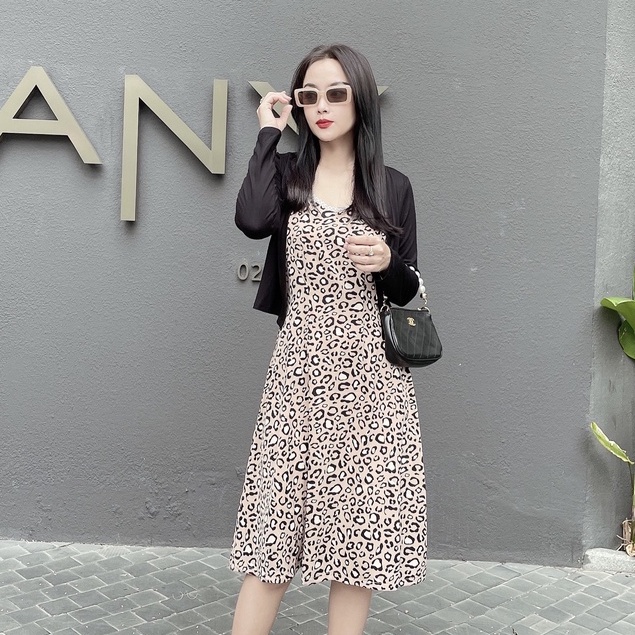 Đầm Đi Chơi NHẬT VY Beo 2 Dây Viền Ren Ngực Dáng Ôm Chất Mango Màu Nâu, Xanh - D2287