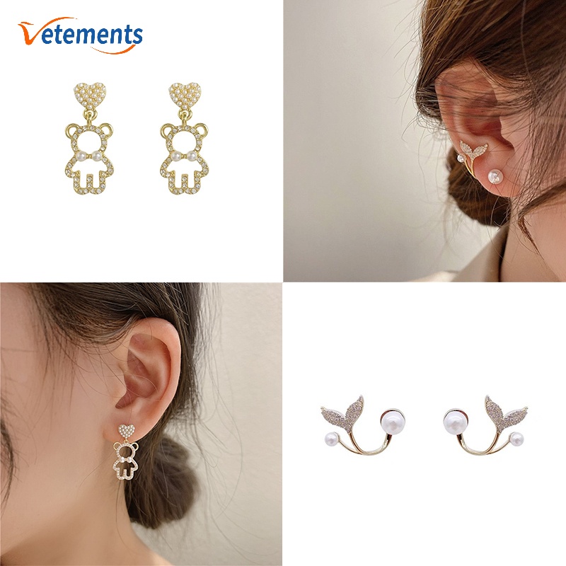 Bông Tai Hình Gấu Đính Đá Và Ngọc Trai Giả Phong Cách Hàn Quốc Dành Cho Nữ