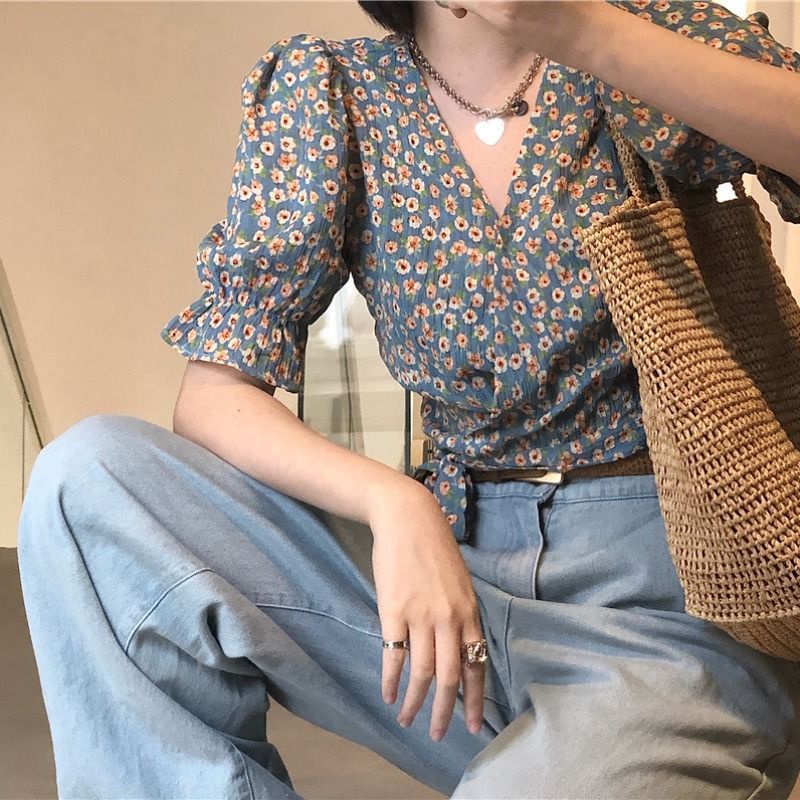 Áo Sơ Mi Chiffon Cổ Chữ V Tay Ngắn Họa Tiết Hoa Phong Cách Hàn Quốc Thời Trang Mùa Hè Mới Cho Nữ