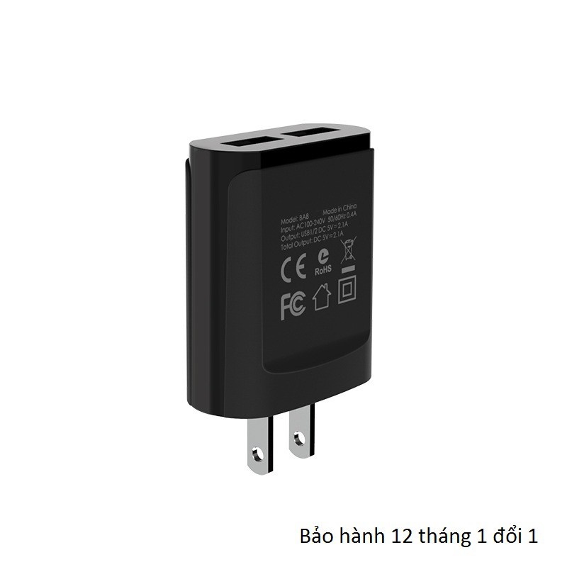 Cốc sạc củ sạc 2 cổng USB 2.1A dùng cho điện thoại máy tính bảng BOROFONE BA8
