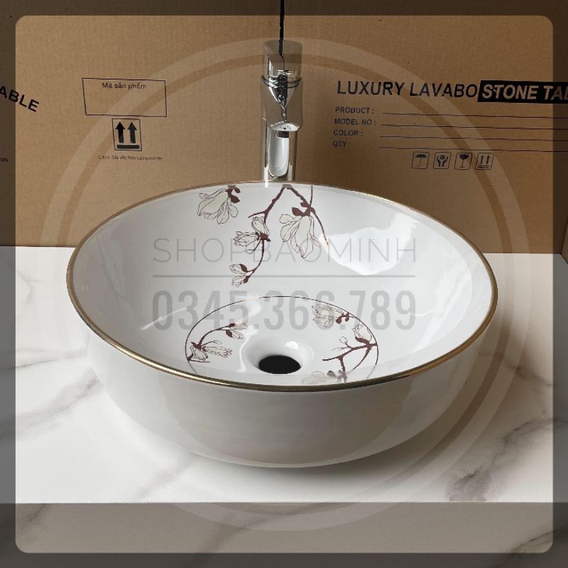 Chậu rửa mặt - Lavabo tròn đặt bàn hoa văn cao cấp, đường kính 41cm.