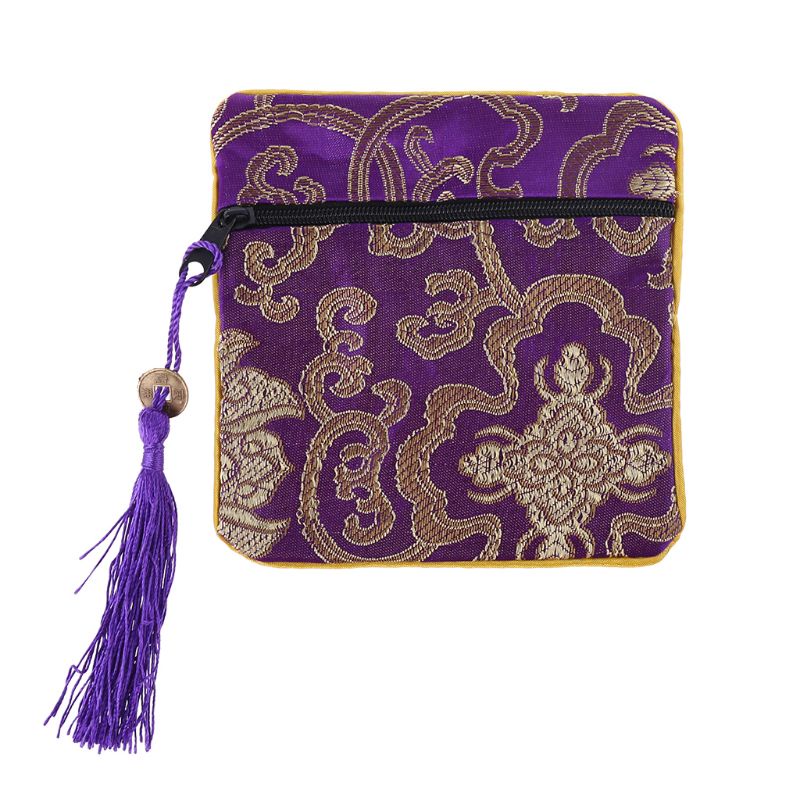 Túi Đựng Trang Sức Bằng Lụa Thêu Họa Tiết Phối Tua Rua Truyền Thống