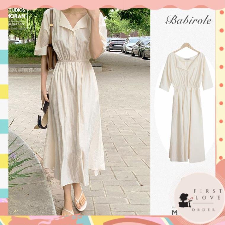 (firstlove ORDER) Váy sơ mi MORAN cài khuy cổ V thun eo xòe dài phong cách Hàn Quốc đơn giản vintage 01