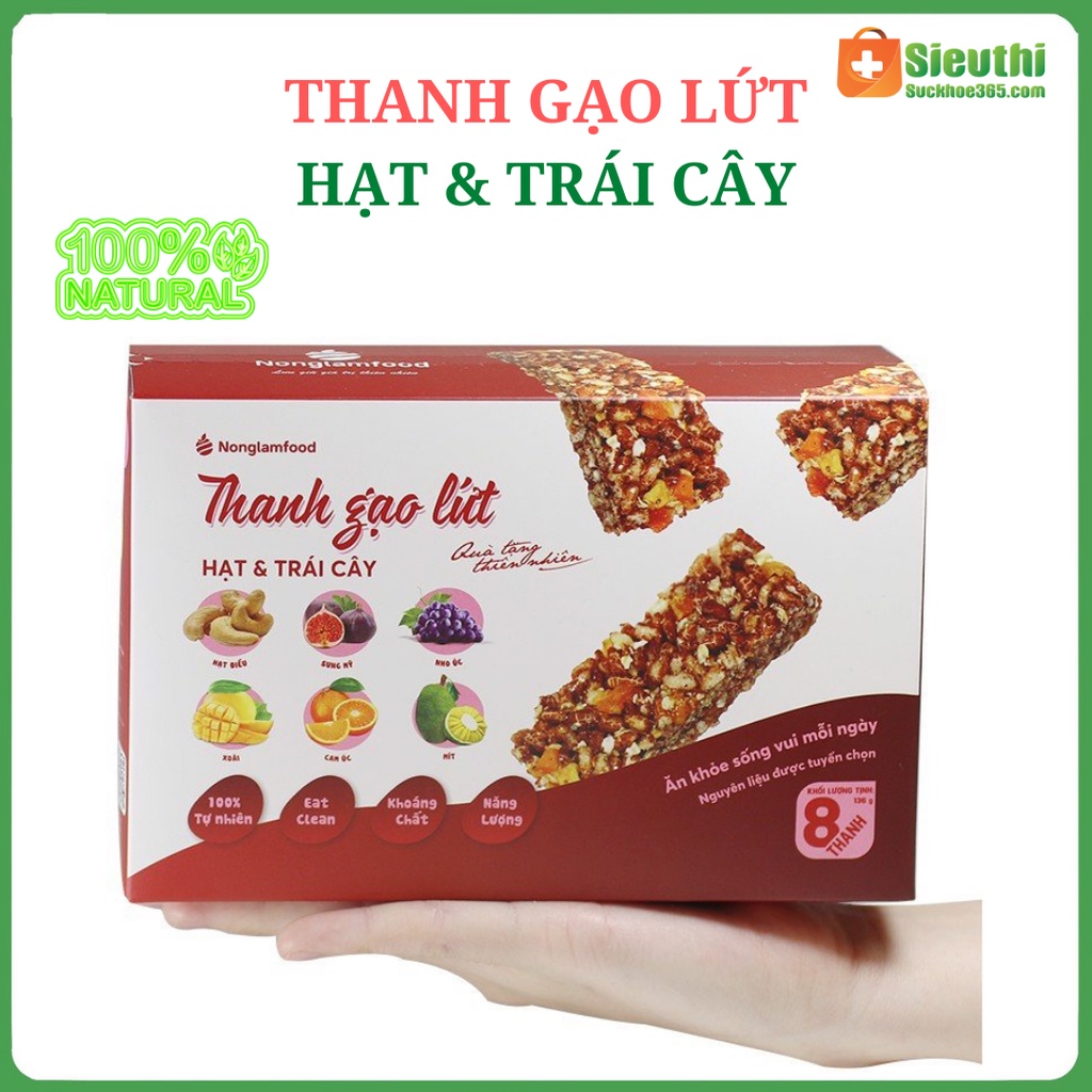 Bánh thanh cơm gạo lứt sấy hạt & Trái Cây hộp 8 thanh 136g nhiều vitamin dinh dưỡng dùng cho người tiểu đường, ăn kiêng
