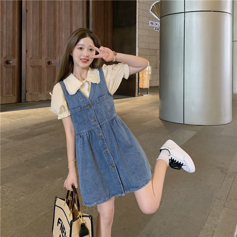 Đầm Yếm Denim Mỏng Thời Trang Mùa set yếm váy yếm bò nữ đầm Set Đầm Tay Phồng Chất Liệu Denim Phong Cách Hàn Quốc