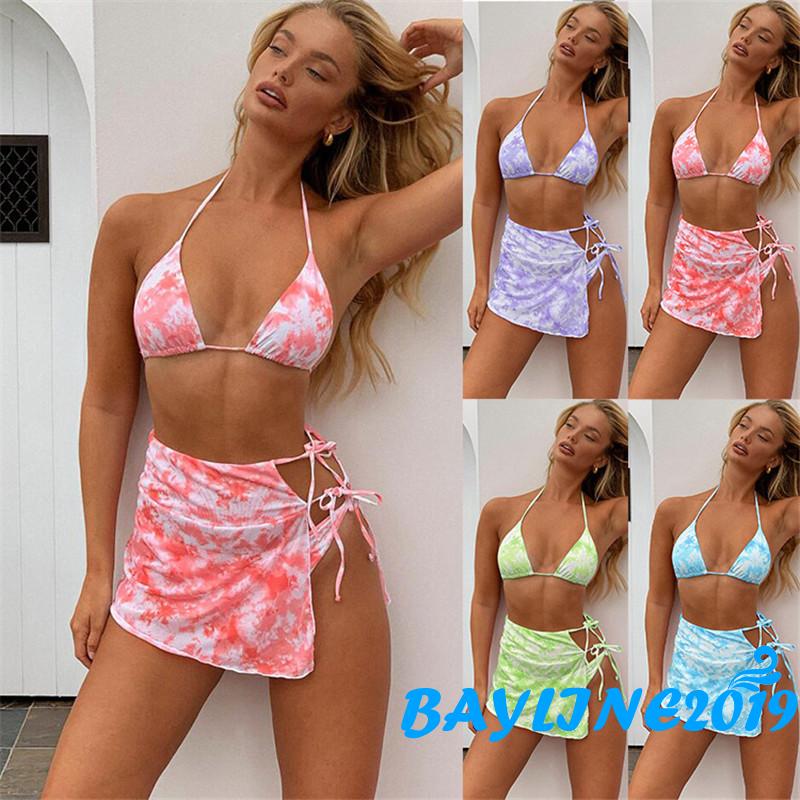 Set bikini 3 mảnh thiết kế kiểu buộc dây họa tiết màu nhuộm thời trang quyến rũ cho nữ