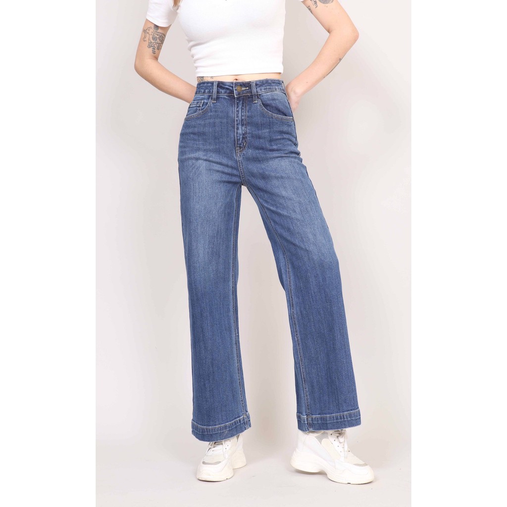 Quần Jean Nữ Ống Rộng cạp cao co giãn dáng dài trơn Gấu bản To 3cm CT JEANS