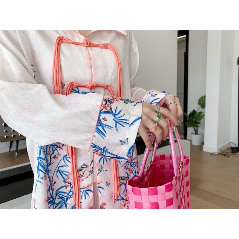 [Hàng sẵn] bộ ngủ mặc nhà pijama lụa xước Quảng Châu cao cấp nút thắt hồng