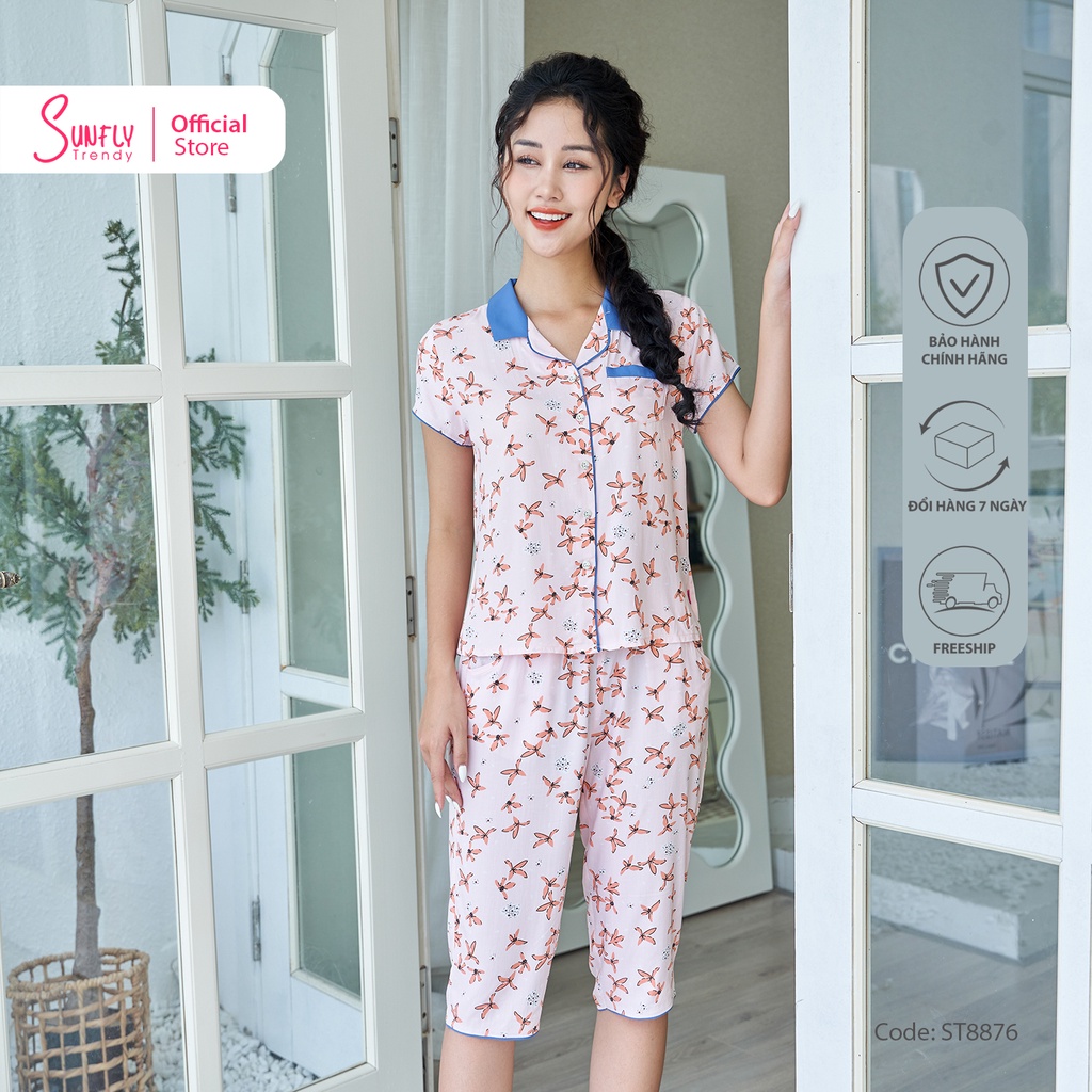 Bộ mặc nhà nữ pijamas lanh SUNFLY áo cộc, quần trên gối ST8876