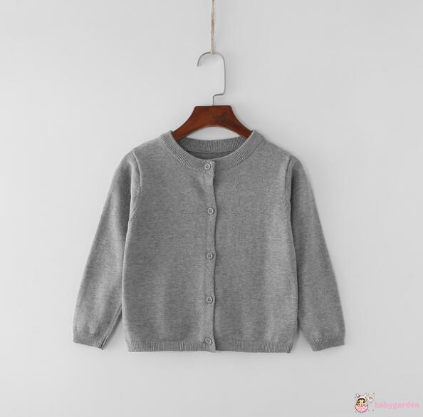 BABYGARDEN-Kids Solid Color Sweater, Long Sleeve Round Collar Button Open Front Knitwear Coat, Pink/ Grey/ Black/ Blue