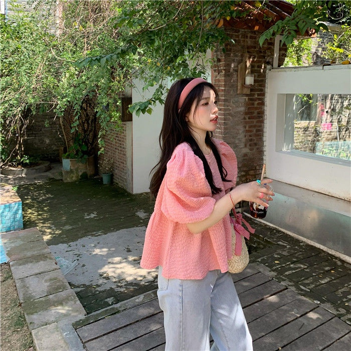 Áo Sơ Mi Voan Tay Phồng Hai Mặt Màu Hồng Thời Trang Xuân Hè Phong Cách Mới 2022