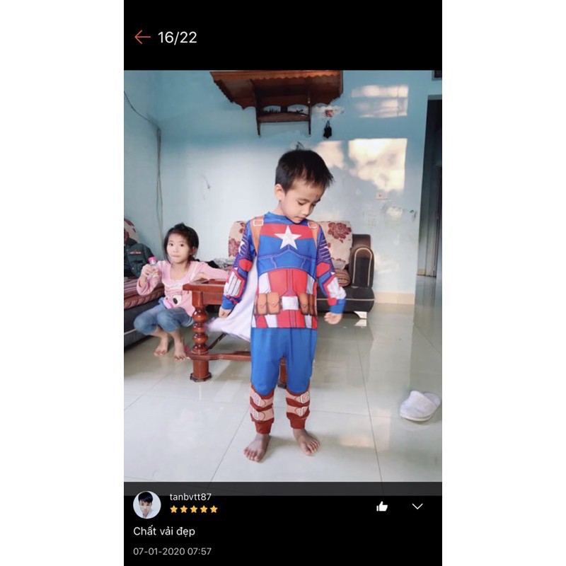 Bộ Đội Trưởng Mỹ  Dài Tay In Cơ Bắp Cho Bé Trai, Co Giãn 4 Chiều (Tặng Áo Choàng và Mặt Nạ) HERO KIDS