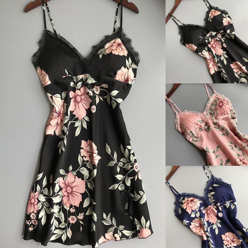 Váy ngủ chất liệu satin cao cấp hoạ tiết hoa 1474
