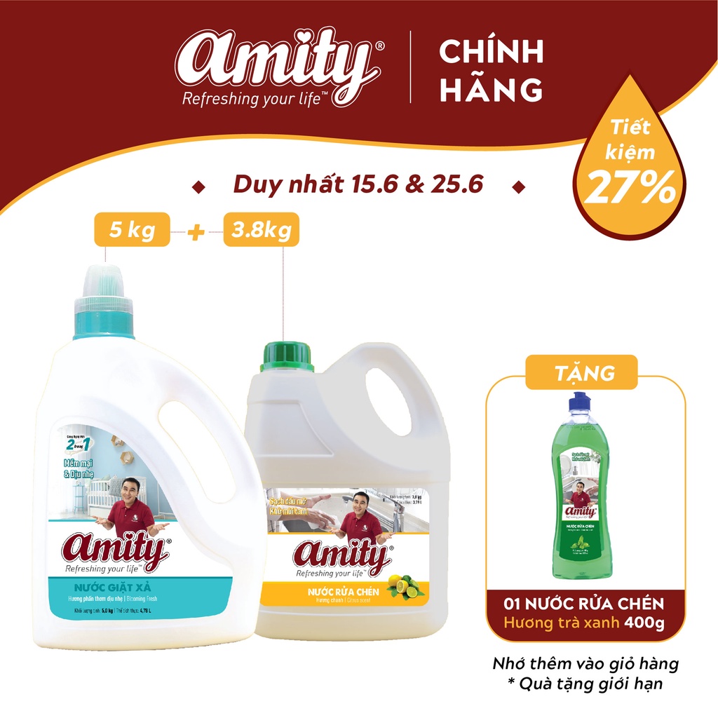 Combo Nước Giặt xả AMITY 5kg + Nước Rửa Chén AMITY 3.8Kg - Tặng 1 chai Nước Rửa Chén 400gr
