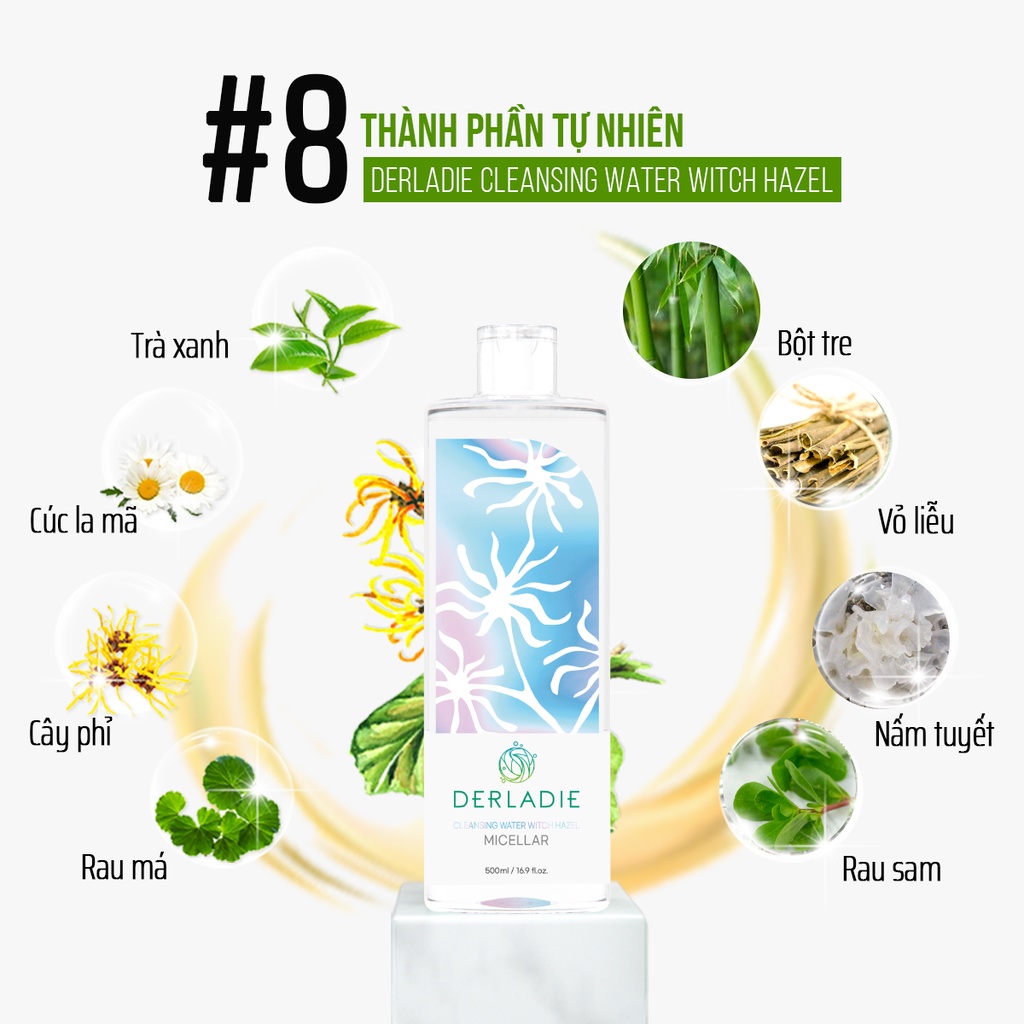 Nước tẩy trang Derladie làm sạch sâu, ngừa viêm cho da mụn Cleansing Water Witch Hazel 500ml NPP Shoptido