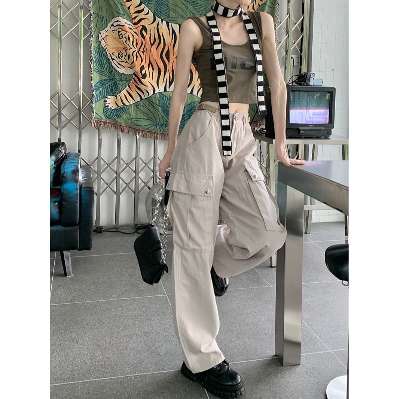 Quần Yếm Lưng Cao Ống Rộng Phối Túi Phong Cách Đường Phố Cá Tính Cho Nữ