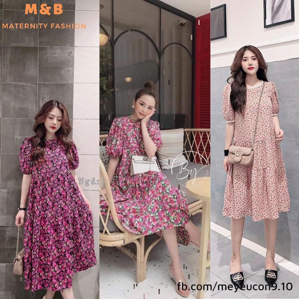 Đầm bầu thời trang thiết kế hoa nhí MB92 chất Lụa Hoa freesize từ 45 đến 70kg