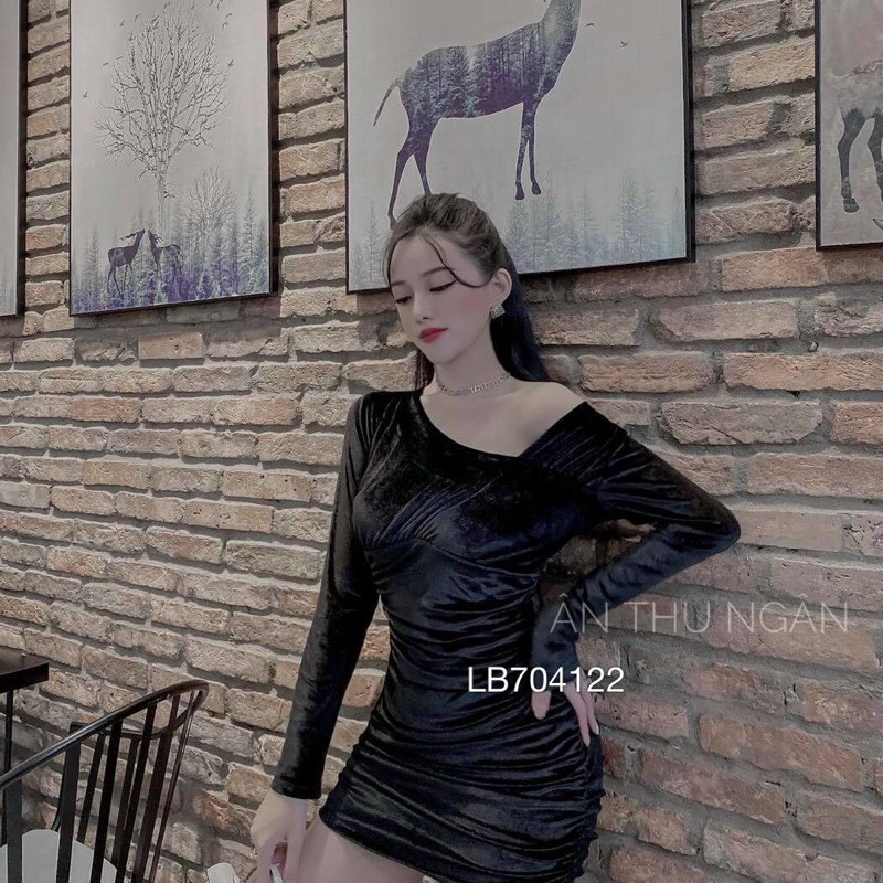 Đầm body nhung nhúng cột nơ lưng tay dài