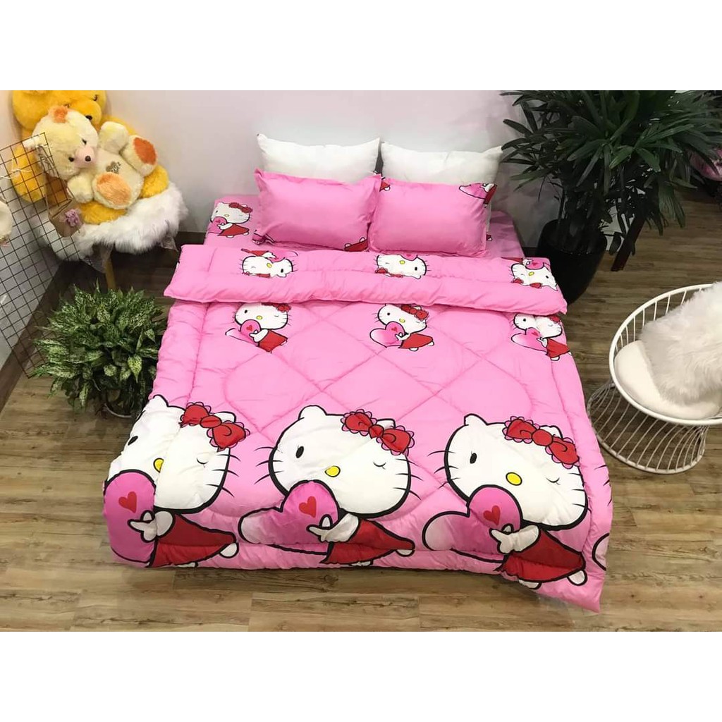 [Free ship-Sale khô máu]Bộ chăn phao ga gối đủ kích thước mẫu 2020,hello kitty hồng