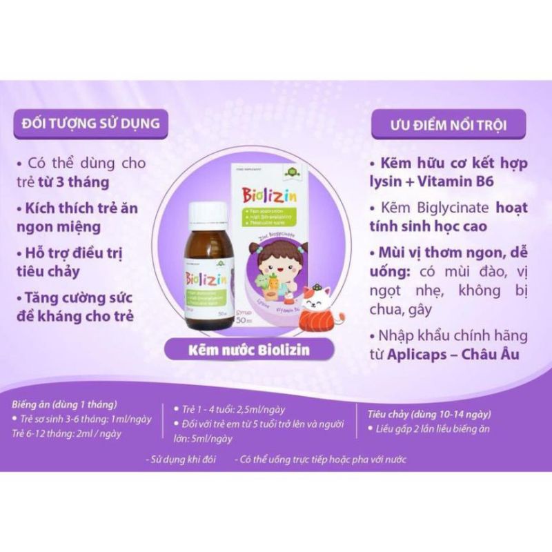 Kẽm Biolizin bổ sung Kẽm, Lysin, Vitamin B6 hỗ trợ bé ăn ngon, tăng đề kháng, cải thiện hệ tiêu hóa