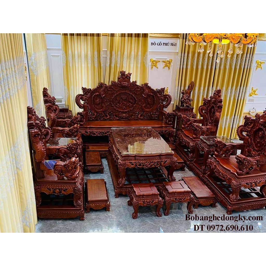 Bộ Bàn Ghế Đồng Kỵ Gỗ Hương Chạm Cửu Long Bảo Đỉnh