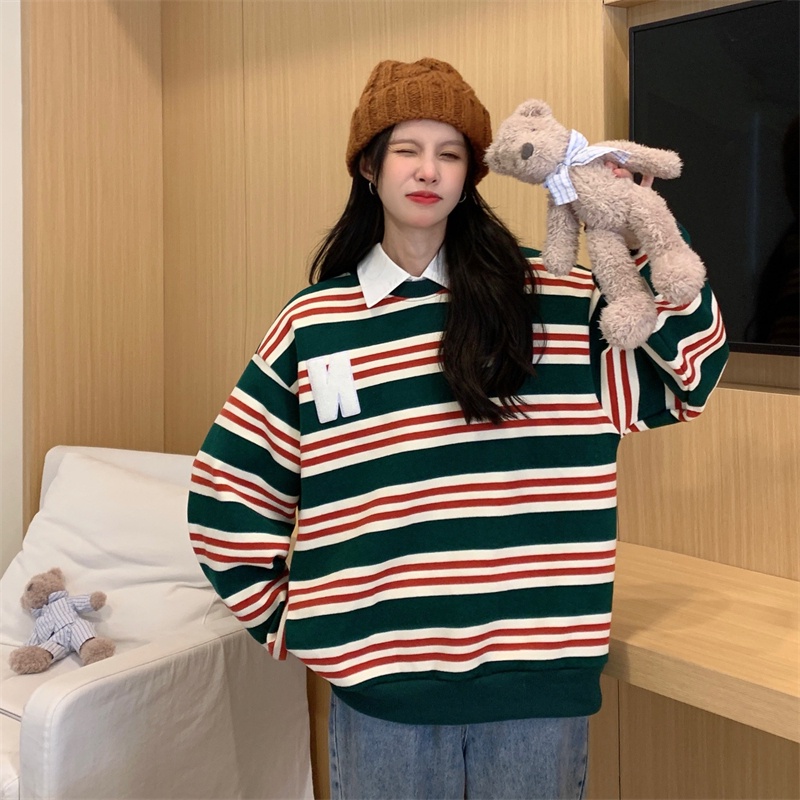 ZHELIHANGFEI Áo Thun POLO Tay Dài Cổ Tròn Họa Tiết Kẻ Sọc Thời Trang Dễ Phối Đồ Cho Nữ