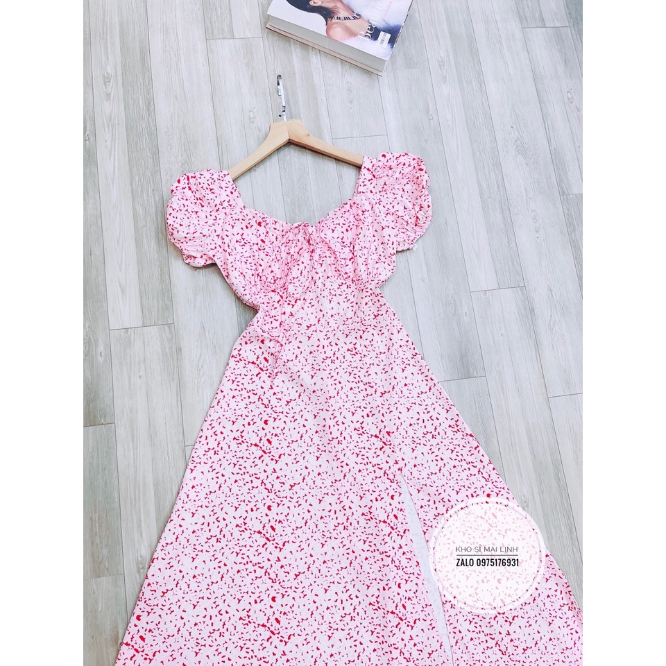 Đầm hồng rút dây ngực xẻ chân