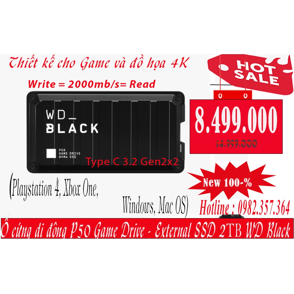 Ổ cứng di động P50 Game Drive 2TB Western Digital - Ổ SSD NVMe External Portable WD Black WDBA3S0010BBK-WES