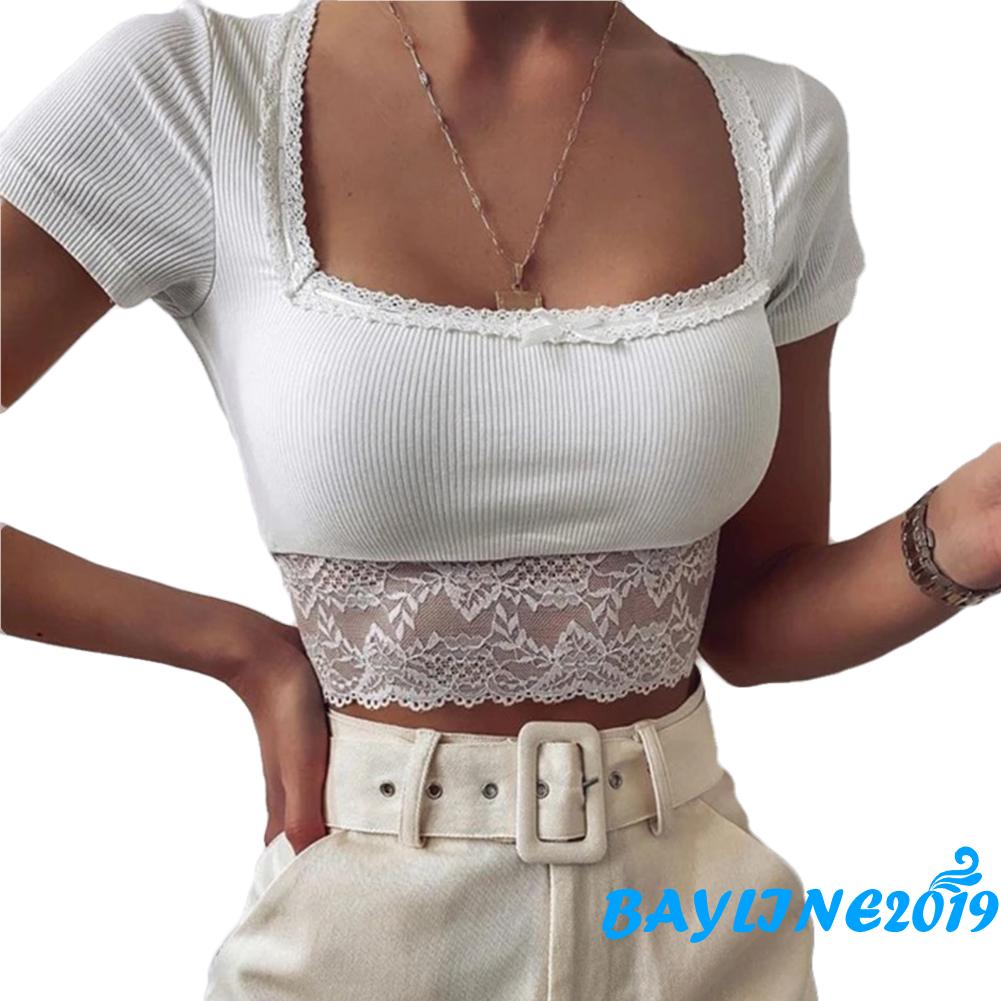 Áo Lửng Ngắn Tay Phối Ren Quyến Rũ Dành Cho Nữ