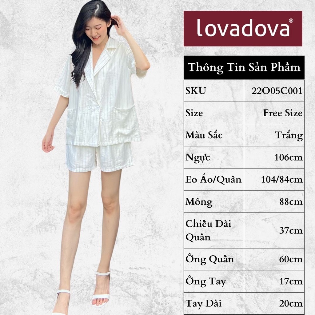 Set Đồ Nữ, Áo Quần, Cách Điệu Quần Có Túi, Cổ Áo Vest, Có Cúc Cài, Hai Túi Trước, Màu Trắng Sọc - Lovadova 22O05C001