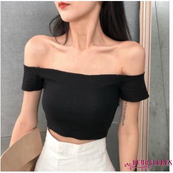 Áo Croptop Tay Ngắn Trễ Vai Màu Sắc Đơn Giản Cho Nữ