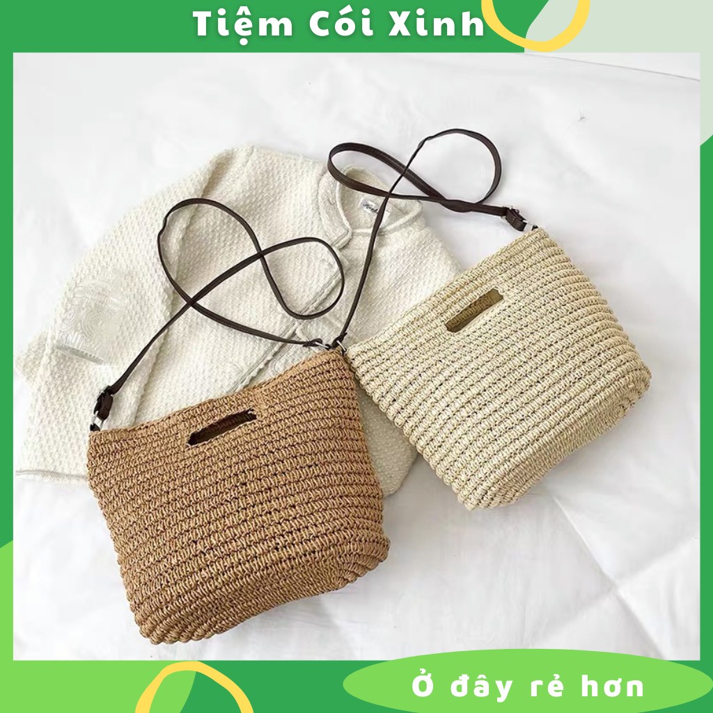 Túi Cói Đi Biển Vintage Xách, Đeo Chéo Dây Da Đi Làm Công Sở