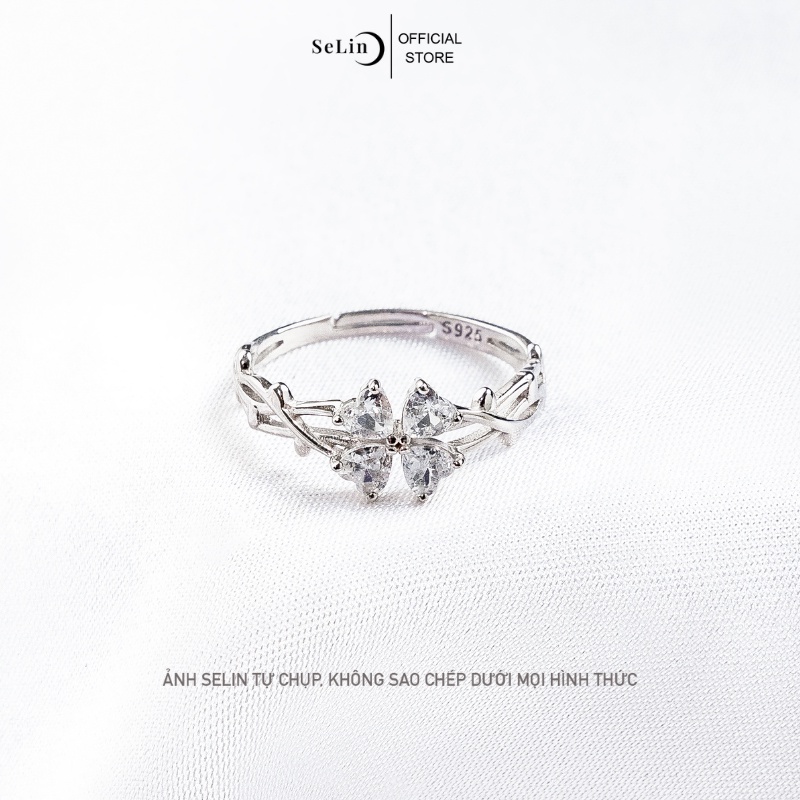 Nhẫn bạc nữ 925 đính đá hình cỏ bốn lá thân xoắn cao cấp phong cách Hàn Quốc  SELIN JEWELRY - 0001