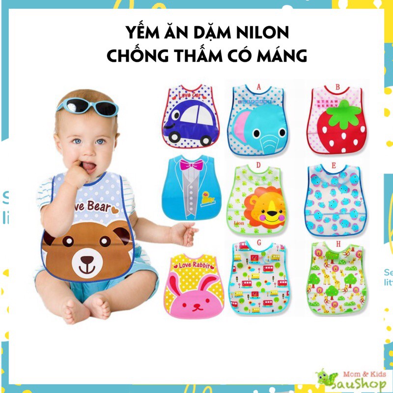 Yếm ăn dặm nilon chống thấm có máng hứng đồ ăn cho bé nhiều mẫu