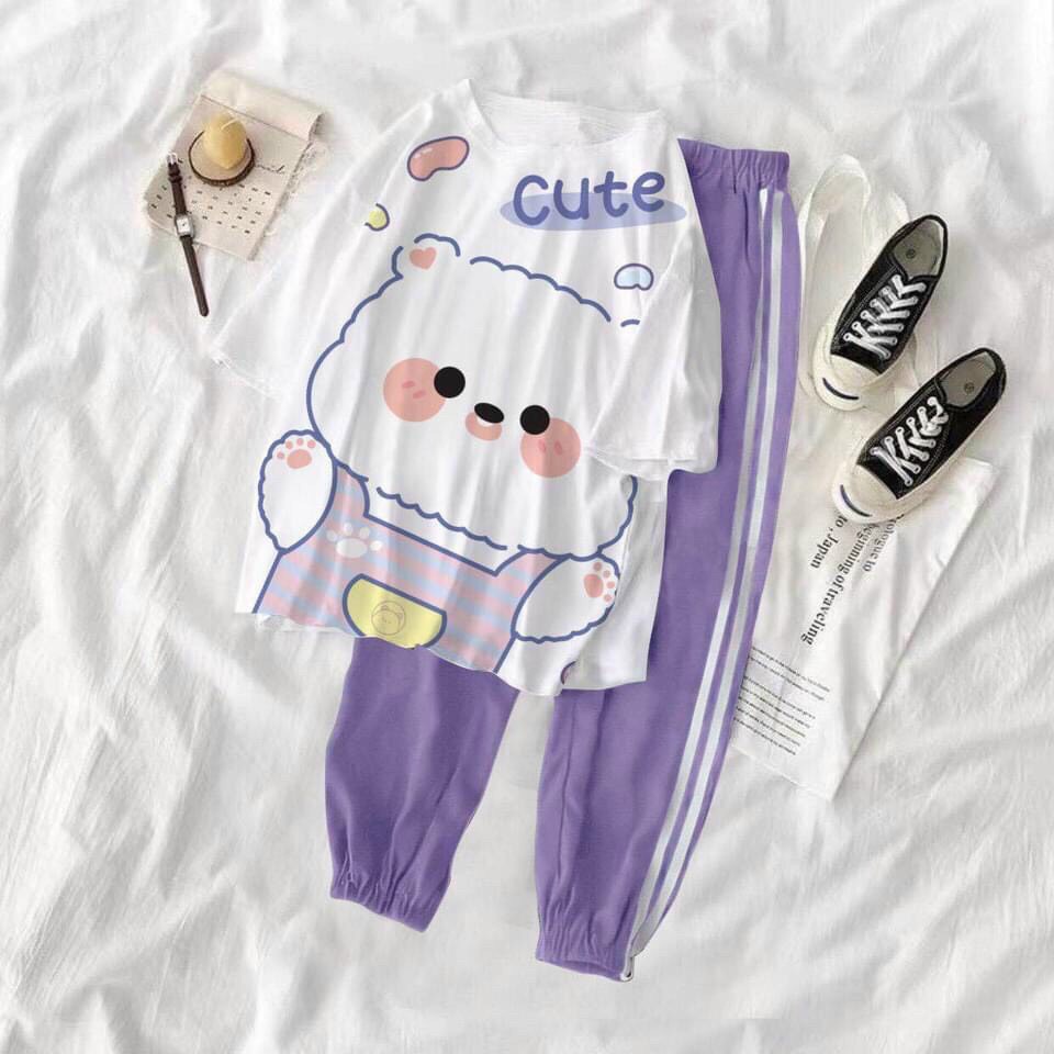 Set đồ bộ quần dài Jogger 2 Sọc GẤU BÔNG CUTE ❤️ Bộ hoạt hình form rộng Freesize Molly Fashion