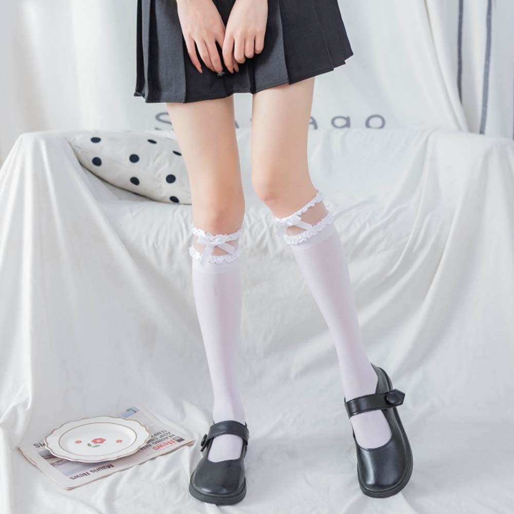 Vớ nhung dài co giãn phối ren đính nơ thời trang quyến rũ cho nữ