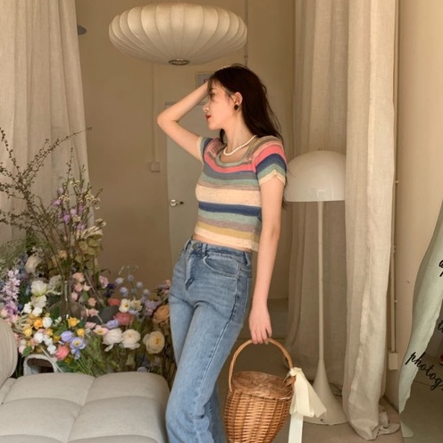Áo Croptop Dệt Kim Tay Ngắn Cổ Vuông Họa Tiết Kẻ Sọc Nhiều Màu Sắc Phong Cách Retro Dành Cho Nữ