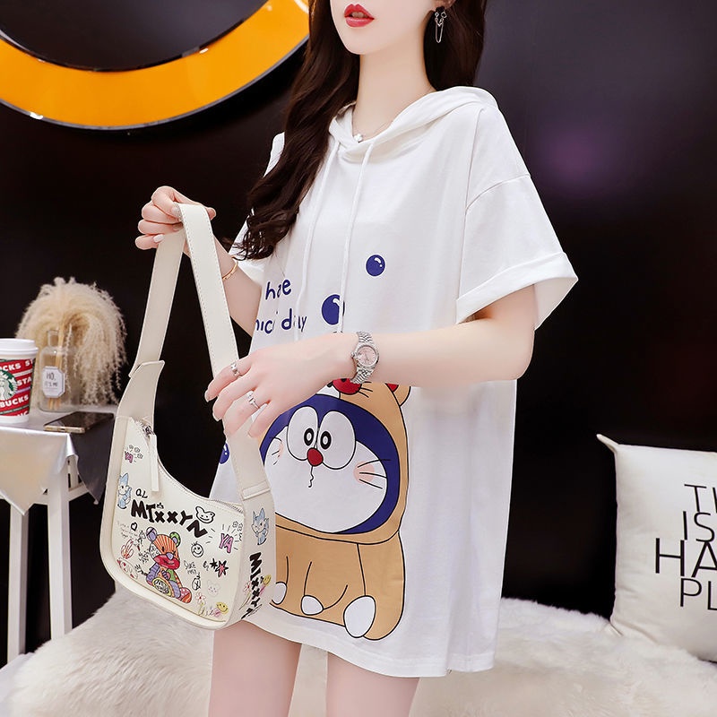Áo Thun Tay Lửng Có Nón Trùm Đầu Dáng Rộng Thời Trang Mùa Hè Dễ Phối Đồ Cho Nữ