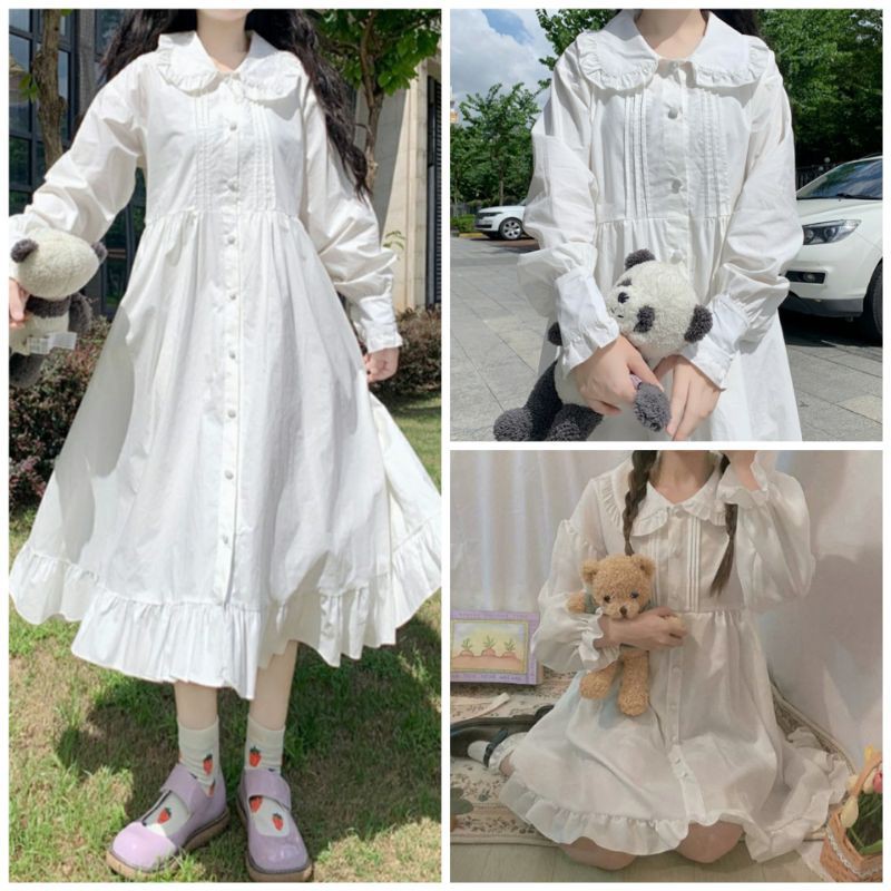 Váy babydoll trắng dáng dài cổ bẻ sen bánh bèo bigsize chất thô lụa mềm ,có quà tặng ,kho hàng chuyên đồ sỉ