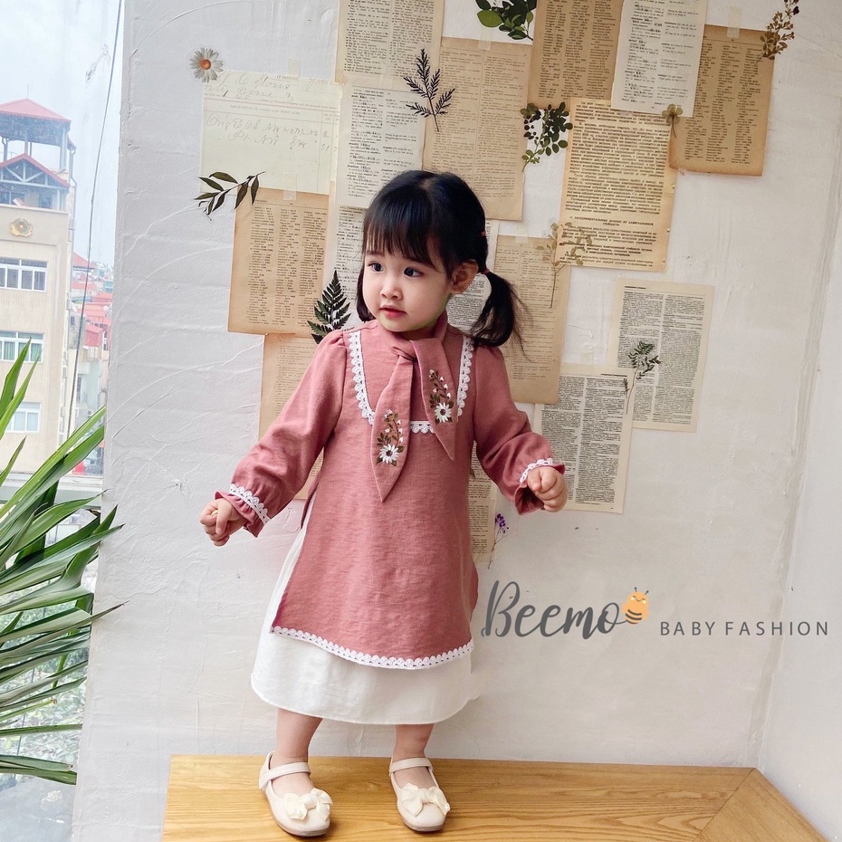 Set áo dài bé gái thêu hoa Beemo, áo dài Tết cho bé gái chất liệu nhung mềm thiết kế nơ cổ sành điệu