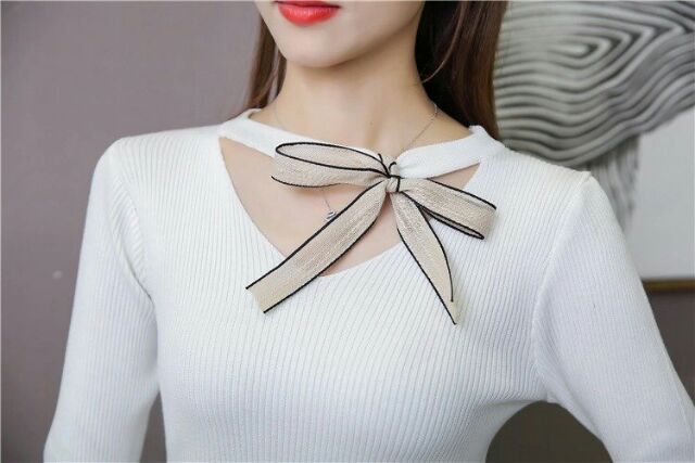 Áo Kiểu Thu Đông Tay Dài Cổ V -Choker Buộc Nơ