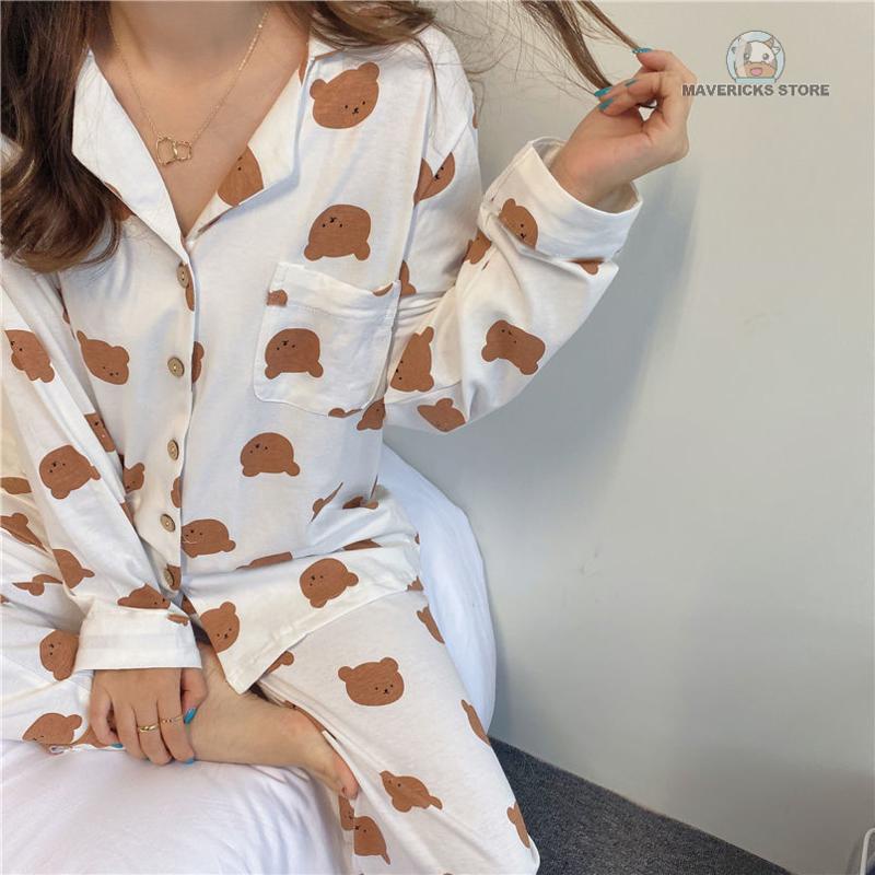 Bộ đồ ngủ tay dài in hình gấu dễ thương cho nữ