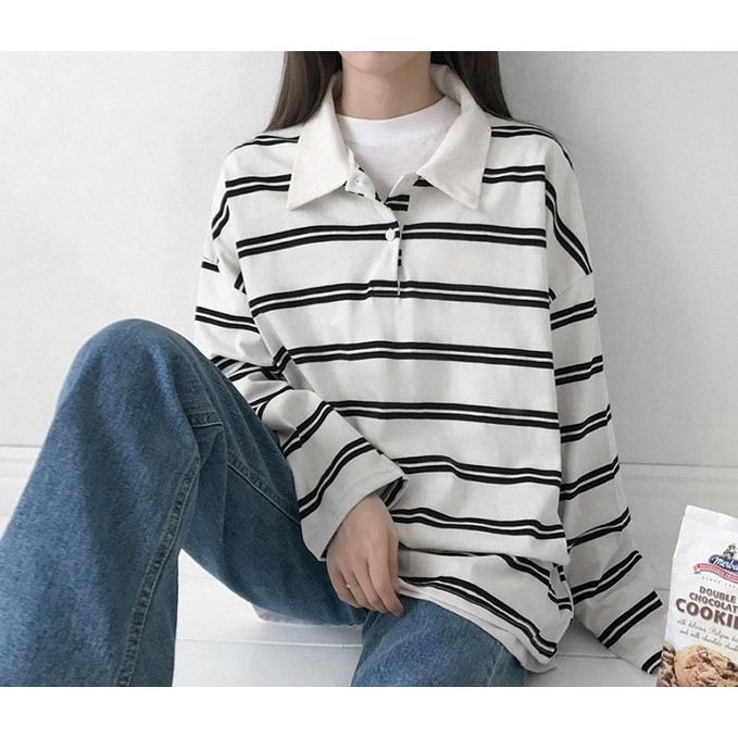 Áo polo kẻ sọc trắng đen tay dài - ẢNH THẬT