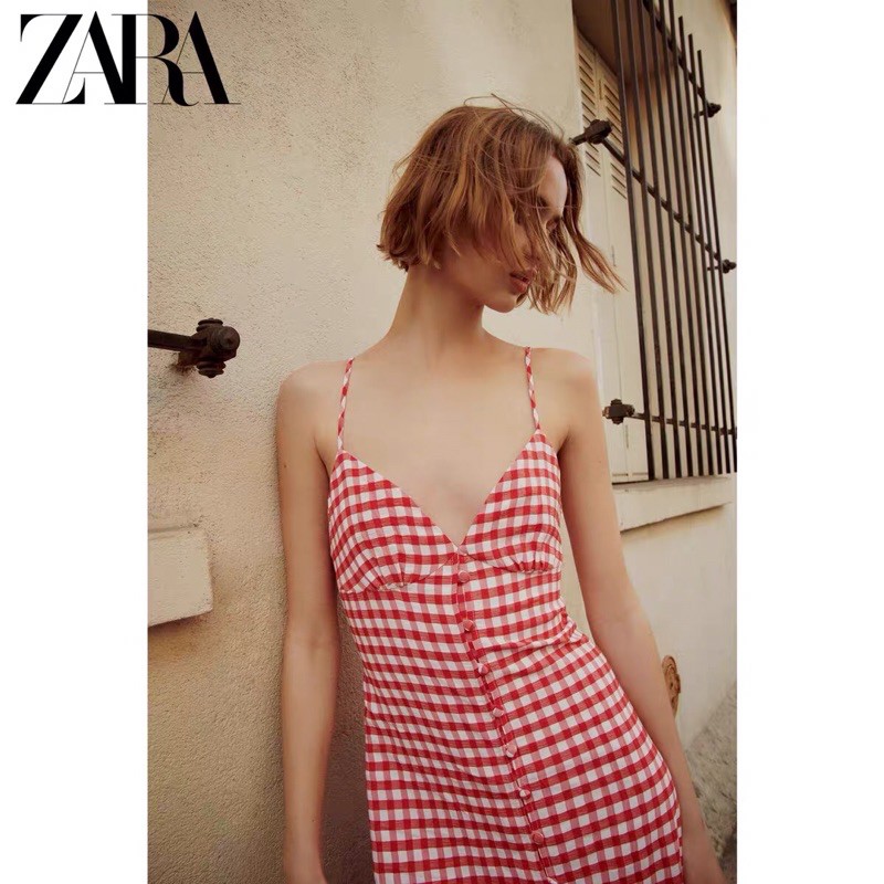 Đầm hai dây hở lưng Zara new best seller 2021 kẻ ô đỏ maxi