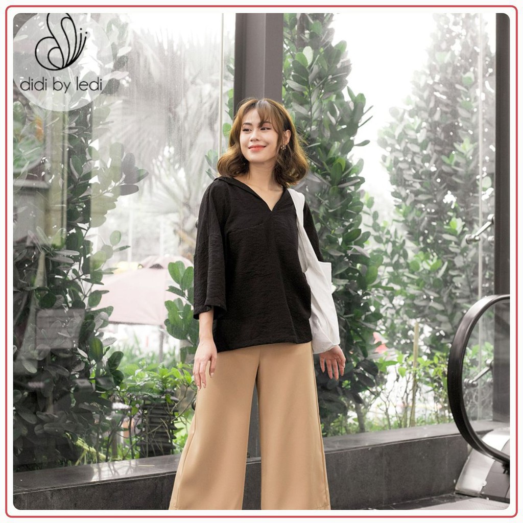 Áo kiểu, áo sơmi kiểu DIDI BY LEDI phom rộng, tay ngắn màu Đen vải Viscose Freesize - A821